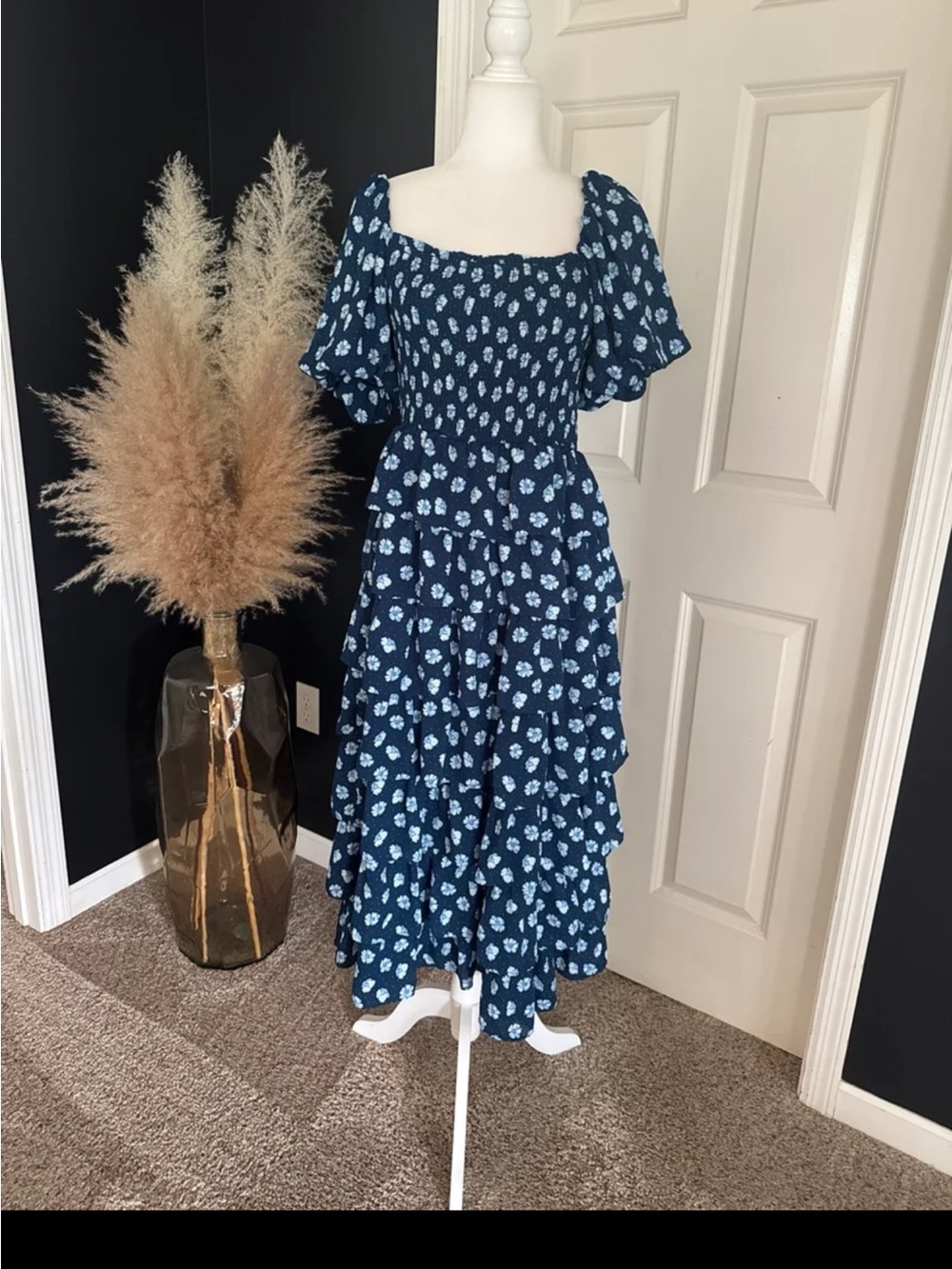 Crystal Doll Cottagecore Blue & White Floral Smocked Tiered Dress size Large - Picture 6 of 12